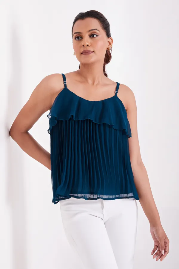 Tail_Green_Ruffle_Pleated_Adjustable_Straps_With_Sliders_Solid_Camisole_Crop_Top_For_Women