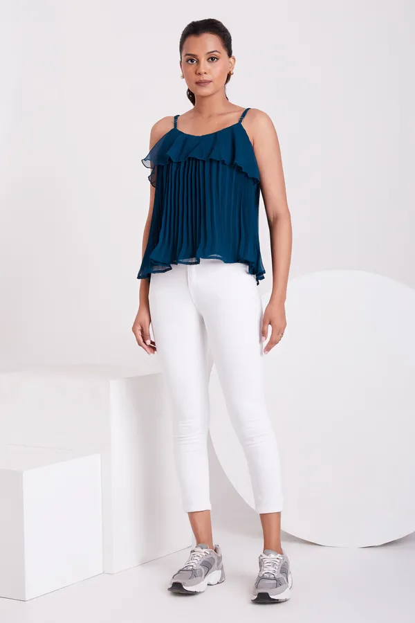 Tail_Green_Ruffle_Pleated_Adjustable_Straps_With_Sliders_Solid_Camisole_Crop_Top_For_Women