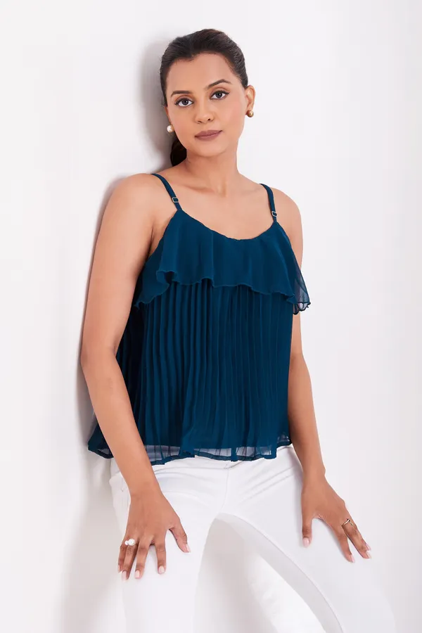 Tail_Green_Ruffle_Pleated_Adjustable_Straps_With_Sliders_Solid_Camisole_Crop_Top_For_Women