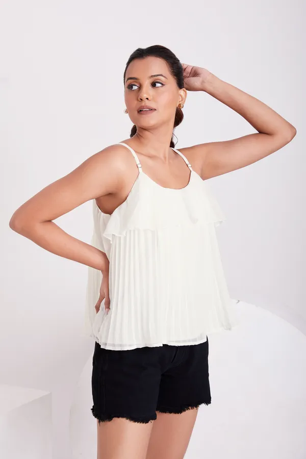 White_Ruffle_Pleated_Adjustable_Straps_With_Sliders_Solid_Camisole_Crop_Top_For_Women