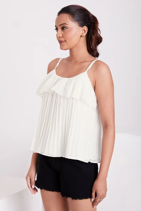 White_Ruffle_Pleated_Adjustable_Straps_With_Sliders_Solid_Camisole_Crop_Top_For_Women
