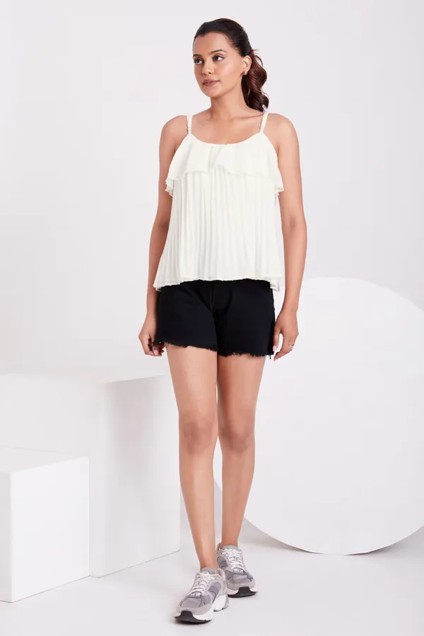 White_Ruffle_Pleated_Adjustable_Straps_With_Sliders_Solid_Camisole_Crop_Top_For_Women