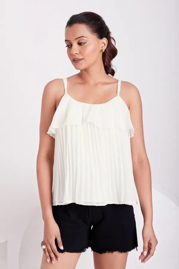 White_Ruffle_Pleated_Adjustable_Straps_With_Sliders_Solid_Camisole_Crop_Top_For_Women