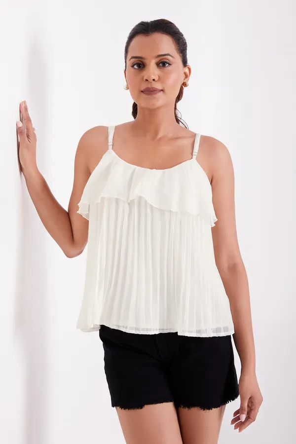 White_Ruffle_Pleated_Adjustable_Straps_With_Sliders_Solid_Camisole_Crop_Top_For_Women