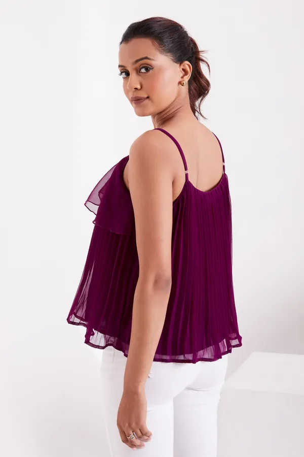 Wine_Ruffle_Pleated_Adjustable_Straps_With_Sliders_Solid_Camisole_Crop_Top_For_Women