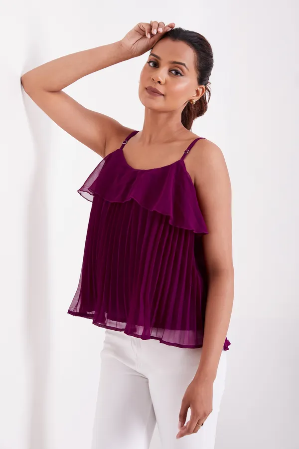 Wine_Ruffle_Pleated_Adjustable_Straps_With_Sliders_Solid_Camisole_Crop_Top_For_Women
