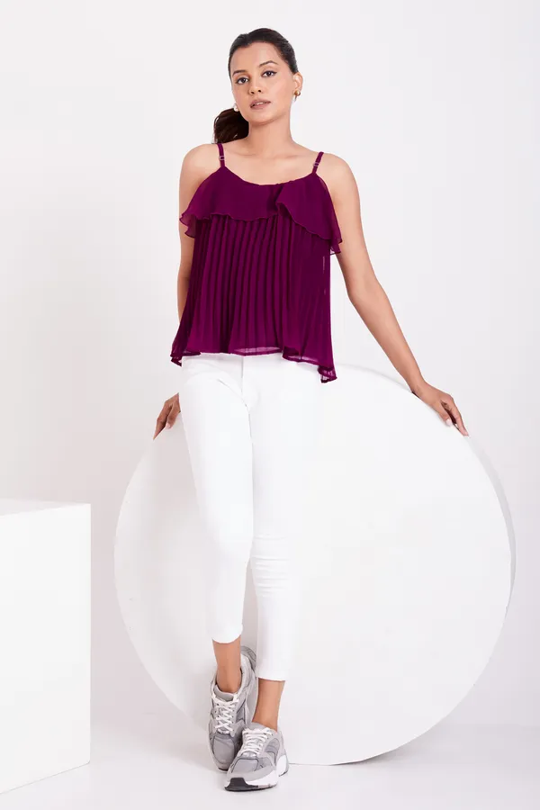 Wine_Ruffle_Pleated_Adjustable_Straps_With_Sliders_Solid_Camisole_Crop_Top_For_Women
