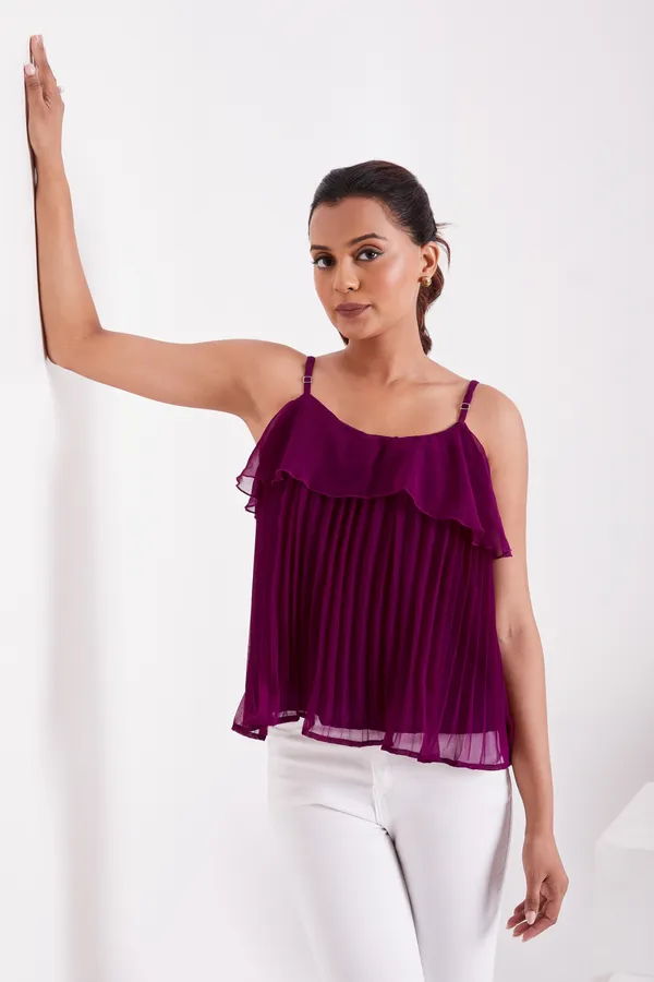 Wine_Ruffle_Pleated_Adjustable_Straps_With_Sliders_Solid_Camisole_Crop_Top_For_Women
