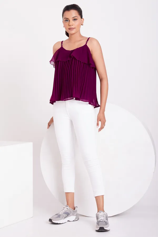 Wine_Ruffle_Pleated_Adjustable_Straps_With_Sliders_Solid_Camisole_Crop_Top_For_Women