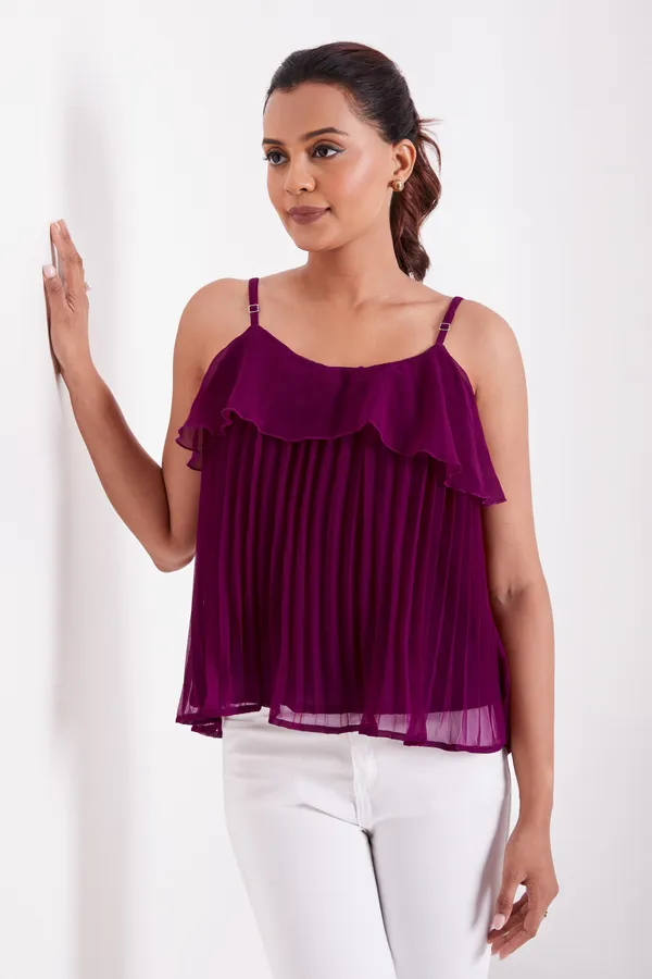 Wine_Ruffle_Pleated_Adjustable_Straps_With_Sliders_Solid_Camisole_Crop_Top_For_Women