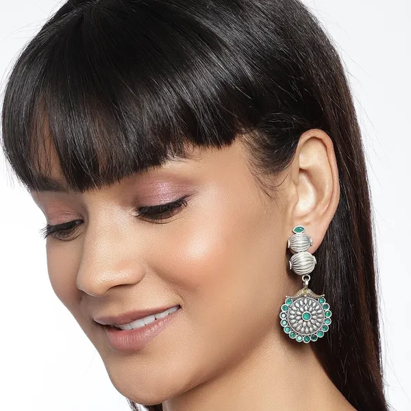 Silver-Toned__Green_Oxidised_Contemporary_Drop_Earrings