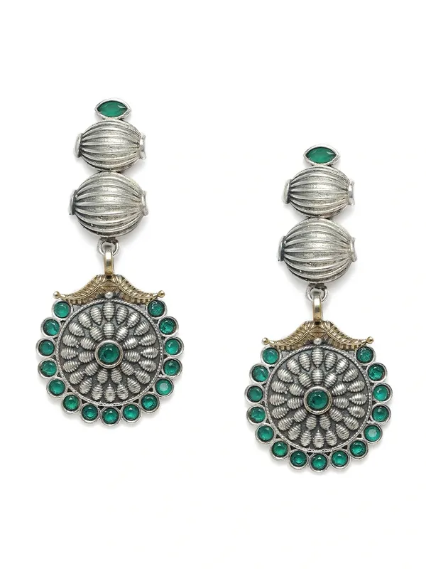 Silver-Toned__Green_Oxidised_Contemporary_Drop_Earrings