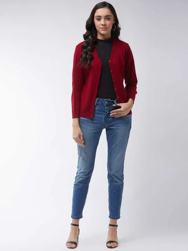 Solid_V_Neck_Casual_Women_Red_Sweater|_Fashion_Forward_&_Comfortable_Clothing_|