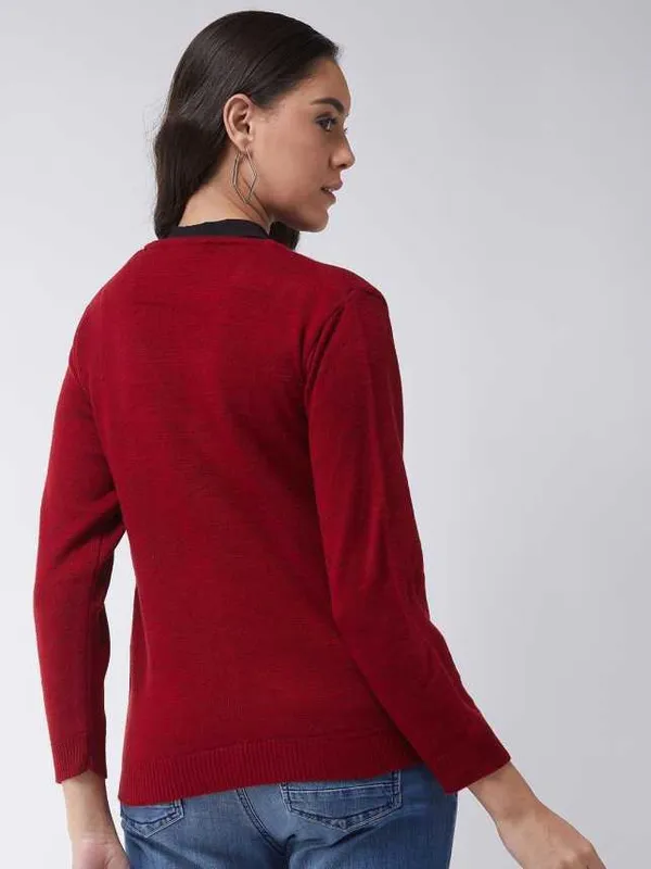 Solid_V_Neck_Casual_Women_Red_Sweater|_Fashion_Forward_&_Comfortable_Clothing_|