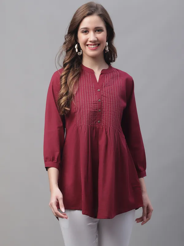 Wine_Cotton_Solid_Embroidered_Flare_Style_Short_Kurti