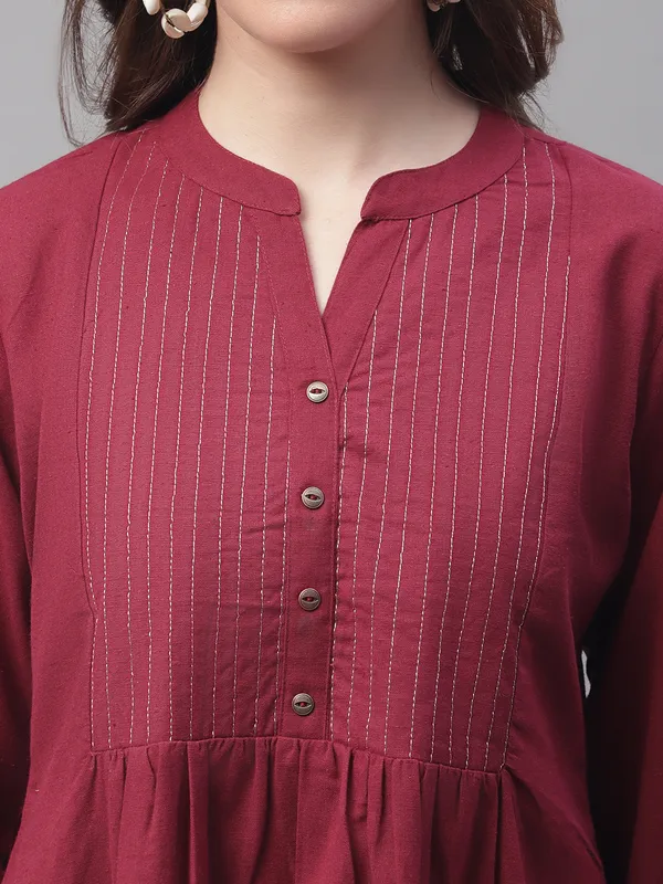 Wine_Cotton_Solid_Embroidered_Flare_Style_Short_Kurti