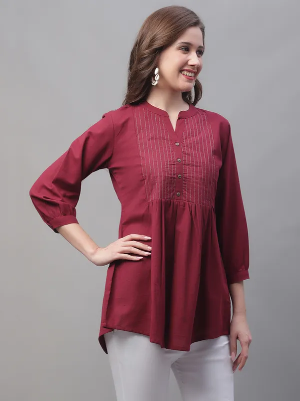 Wine_Cotton_Solid_Embroidered_Flare_Style_Short_Kurti