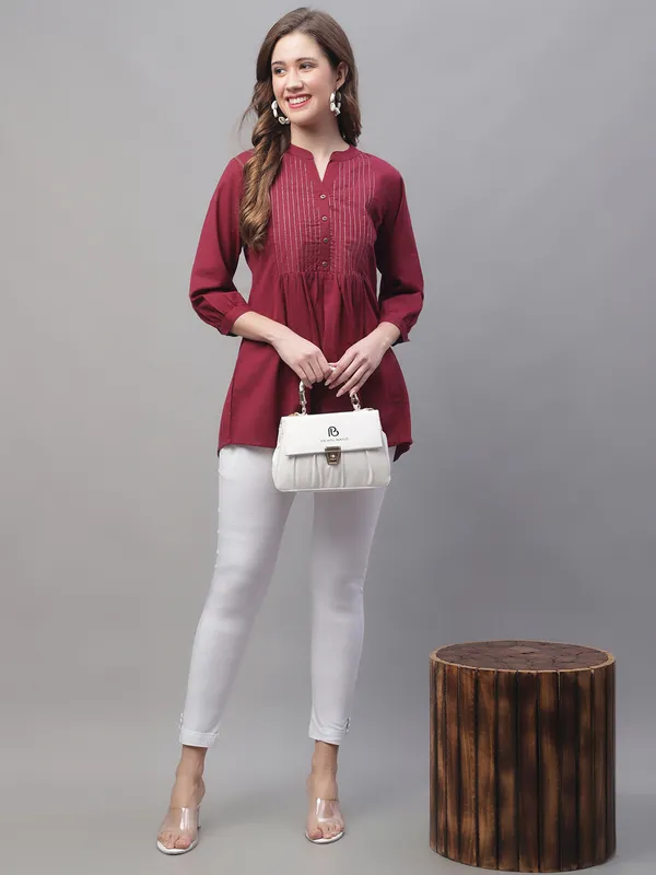 Wine_Cotton_Solid_Embroidered_Flare_Style_Short_Kurti