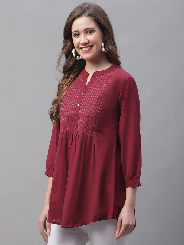 Wine_Cotton_Solid_Embroidered_Flare_Style_Short_Kurti