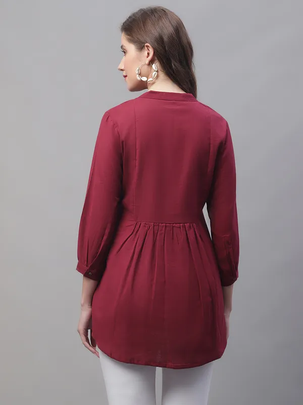 Wine_Cotton_Solid_Embroidered_Flare_Style_Short_Kurti