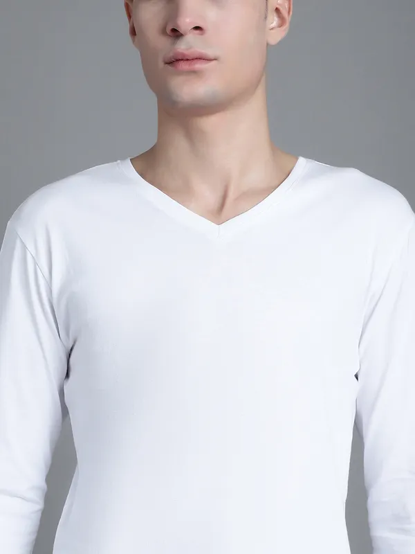 White_Cotton_V-Neck_Long_Sleeves_T-Shirt_For_Men