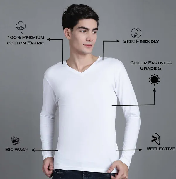White_Cotton_V-Neck_Long_Sleeves_T-Shirt_For_Men