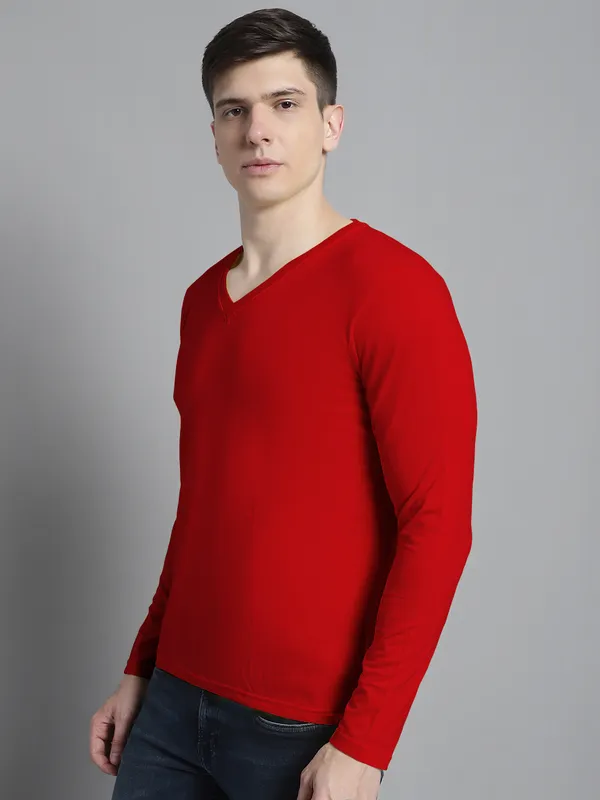 Red_Cotton_V-Neck_Long_Sleeves_T-Shirt_For_Men