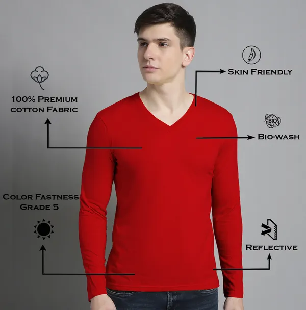 Red_Cotton_V-Neck_Long_Sleeves_T-Shirt_For_Men
