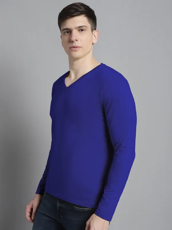 Blue_Cotton_V-Neck_Long_Sleeves_T-Shirt_For_Men