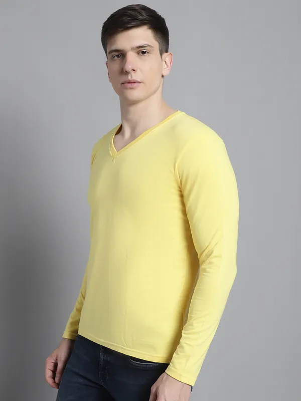 Yellow_Cotton_V-Neck_Long_Sleeves_T-Shirt_For_Men