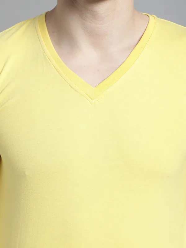 Yellow_Cotton_V-Neck_Long_Sleeves_T-Shirt_For_Men