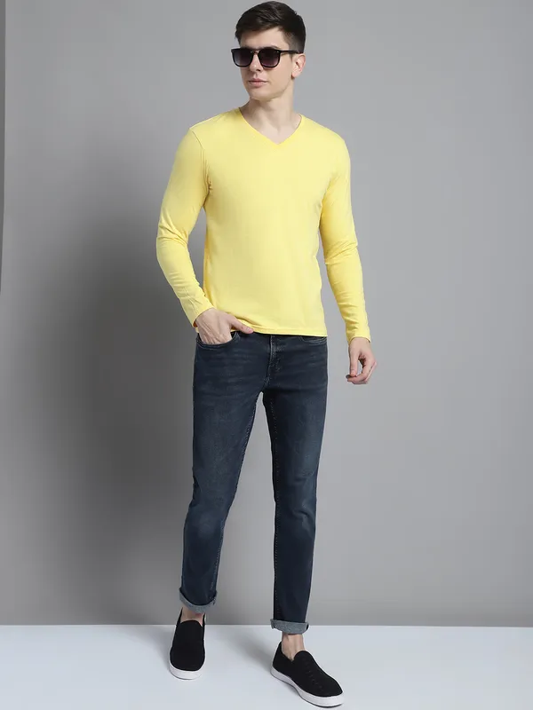 Yellow_Cotton_V-Neck_Long_Sleeves_T-Shirt_For_Men