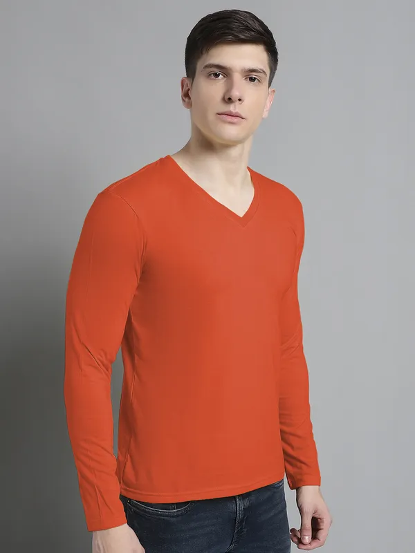 Orange_Cotton_V-Neck_Long_Sleeves_T-Shirt_For_Men