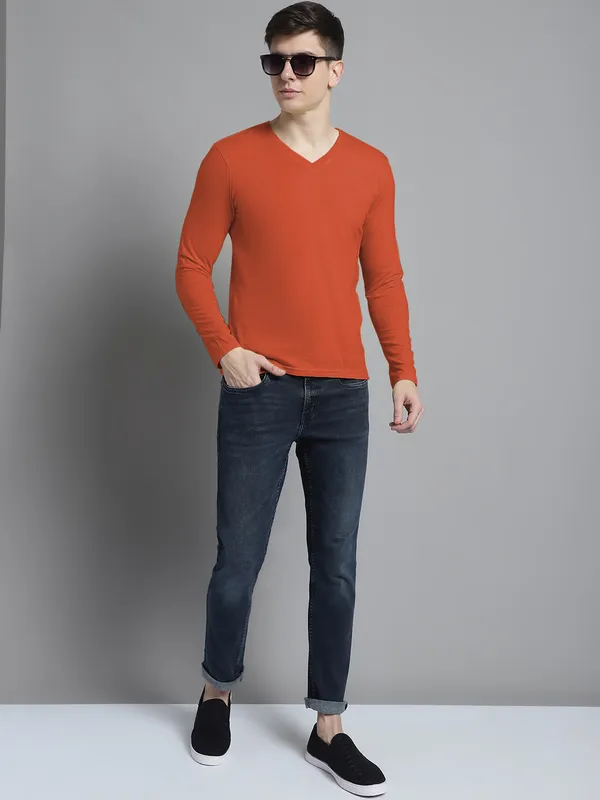 Orange_Cotton_V-Neck_Long_Sleeves_T-Shirt_For_Men