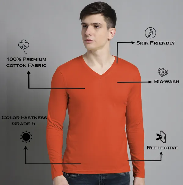 Orange_Cotton_V-Neck_Long_Sleeves_T-Shirt_For_Men