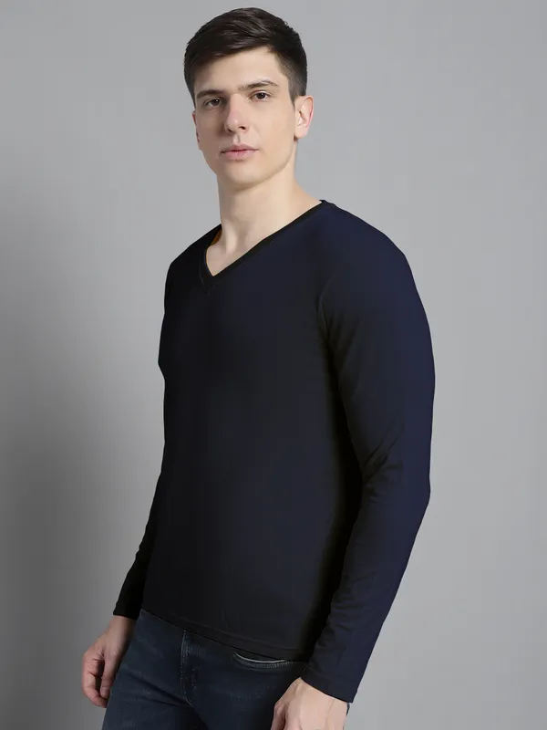 Navy_Blue_Cotton_V-Neck_Long_Sleeves_T-Shirt_For_Men
