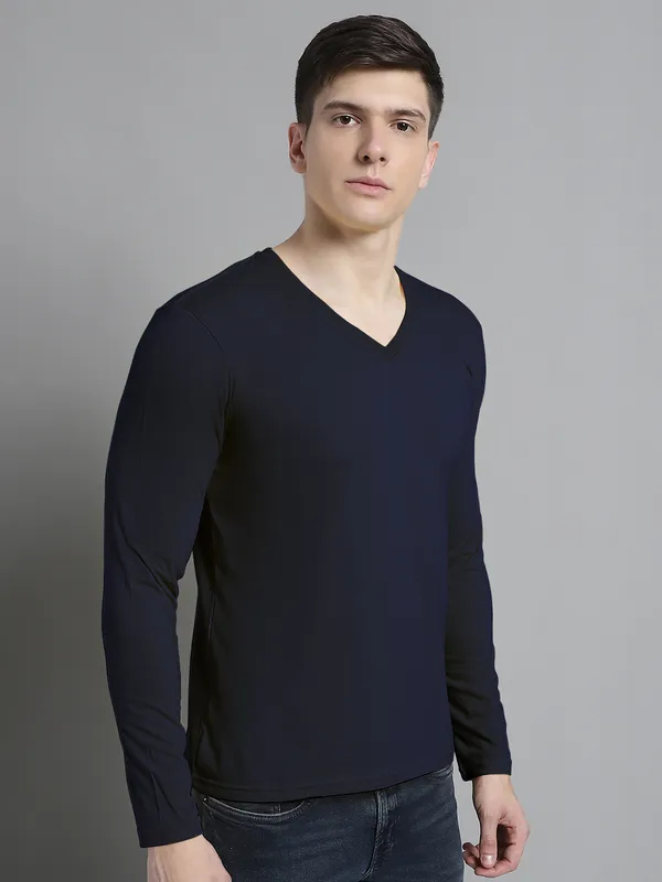 Navy_Blue_Cotton_V-Neck_Long_Sleeves_T-Shirt_For_Men