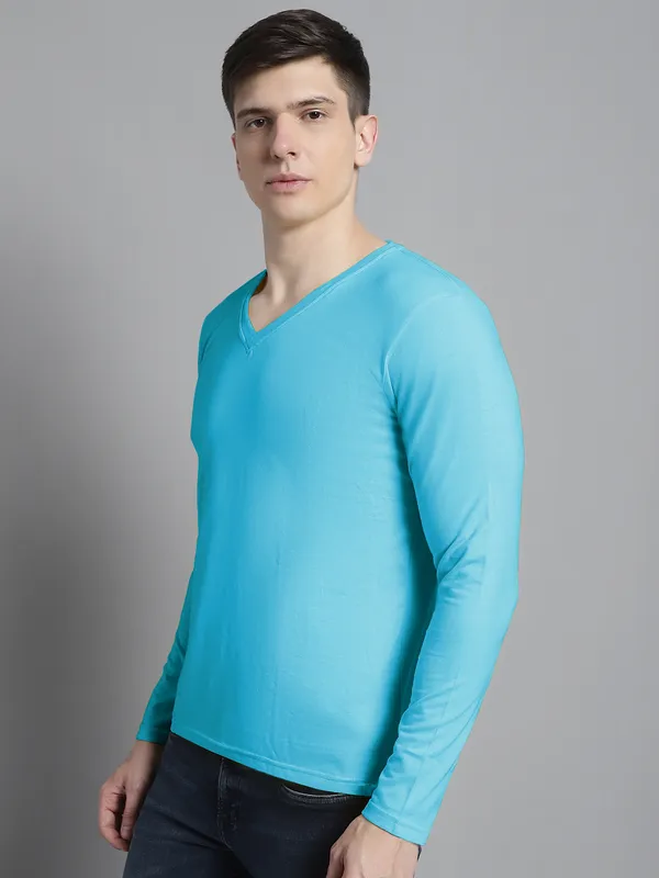Turquoise_Blue_Cotton_V-Neck_Long_Sleeves_T-Shirt_For_Men