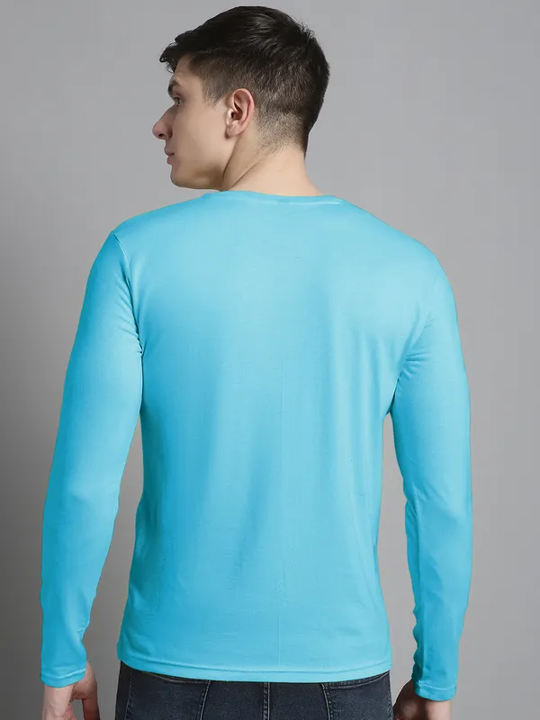 Turquoise_Blue_Cotton_V-Neck_Long_Sleeves_T-Shirt_For_Men