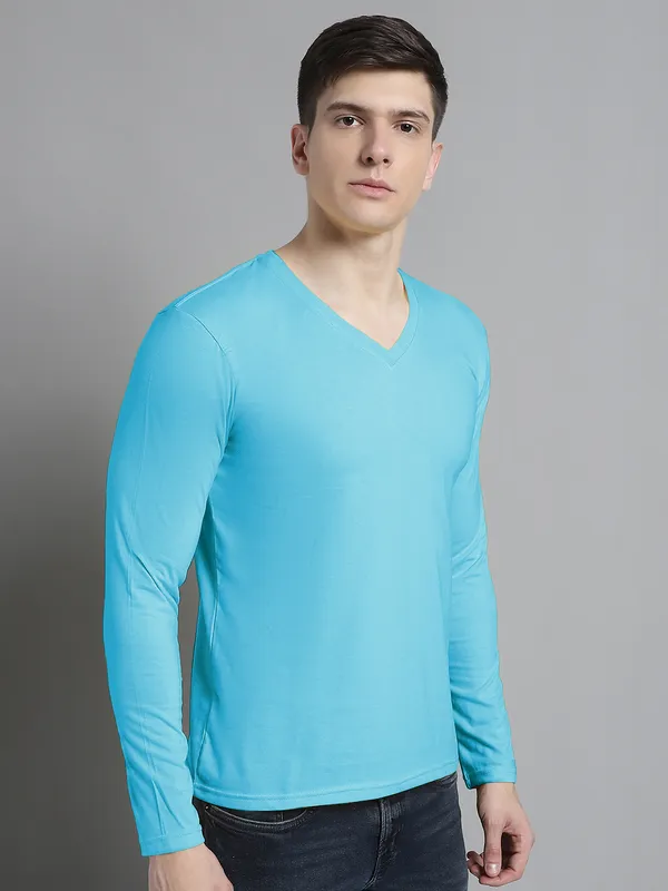 Turquoise_Blue_Cotton_V-Neck_Long_Sleeves_T-Shirt_For_Men