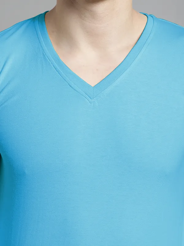Turquoise_Blue_Cotton_V-Neck_Long_Sleeves_T-Shirt_For_Men