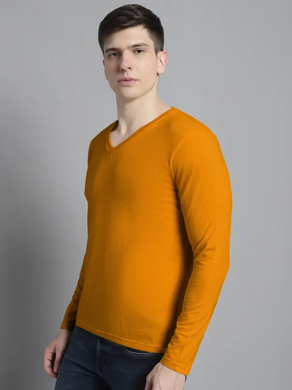 Mustard_Cotton_V-Neck_Long_Sleeves_T-Shirt_For_Men