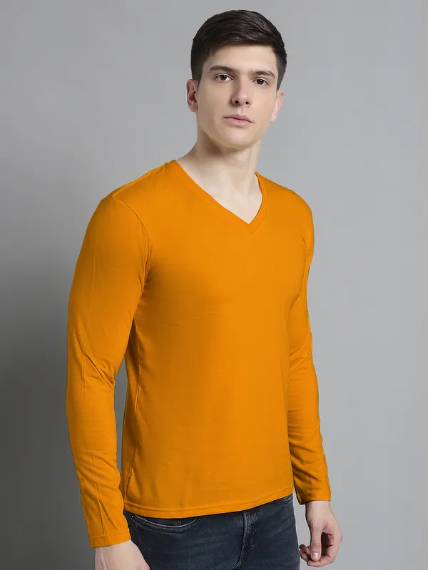 Mustard_Cotton_V-Neck_Long_Sleeves_T-Shirt_For_Men