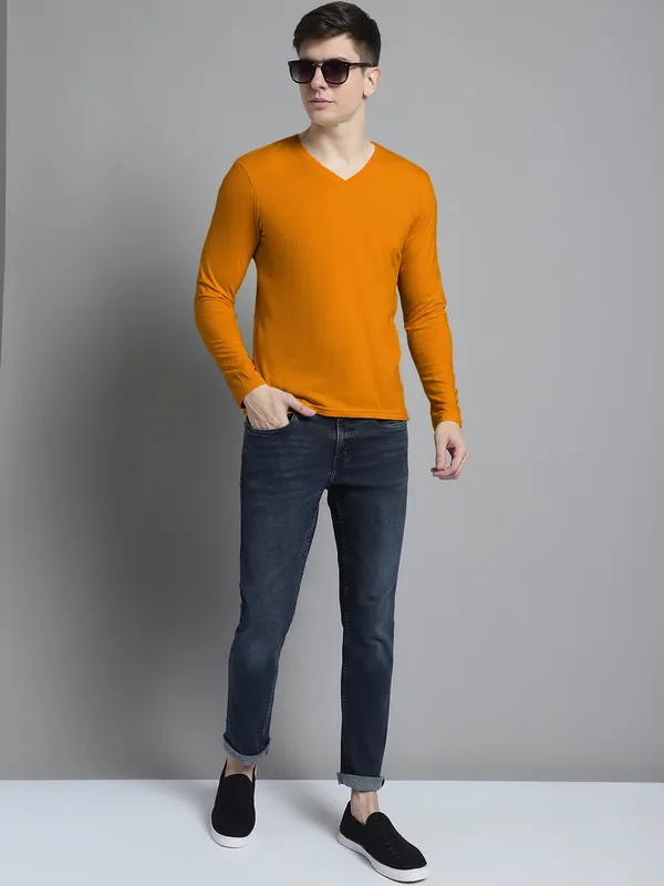 Mustard_Cotton_V-Neck_Long_Sleeves_T-Shirt_For_Men