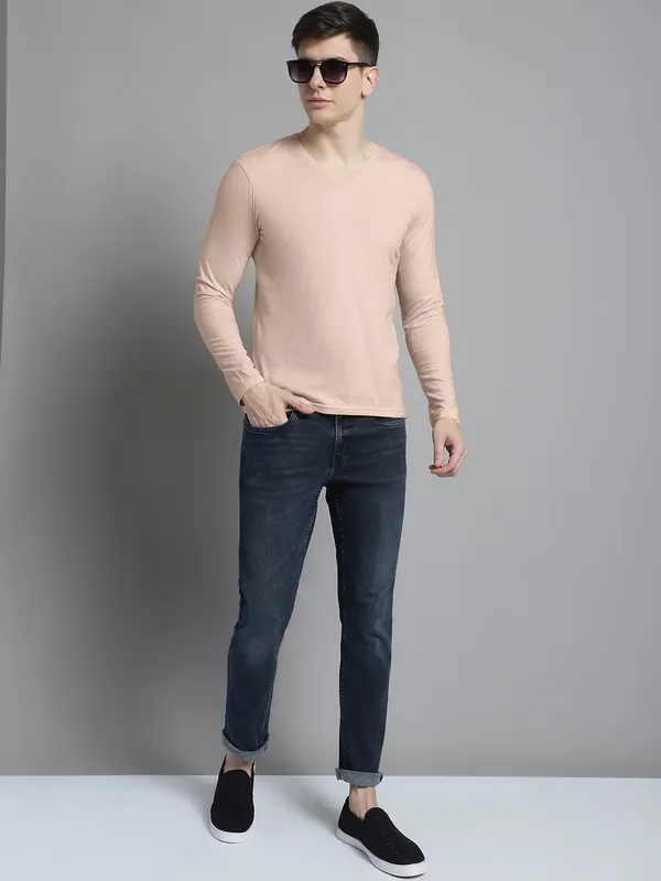 Coral_Cotton_V-Neck_Long_Sleeves_T-Shirt_For_Men