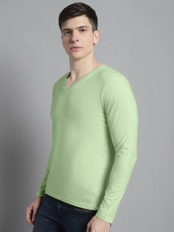Sea_Green_Cotton_V-Neck_Long_Sleeves_T-Shirt_For_Men