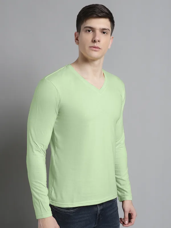 Sea_Green_Cotton_V-Neck_Long_Sleeves_T-Shirt_For_Men