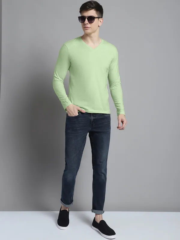 Sea_Green_Cotton_V-Neck_Long_Sleeves_T-Shirt_For_Men