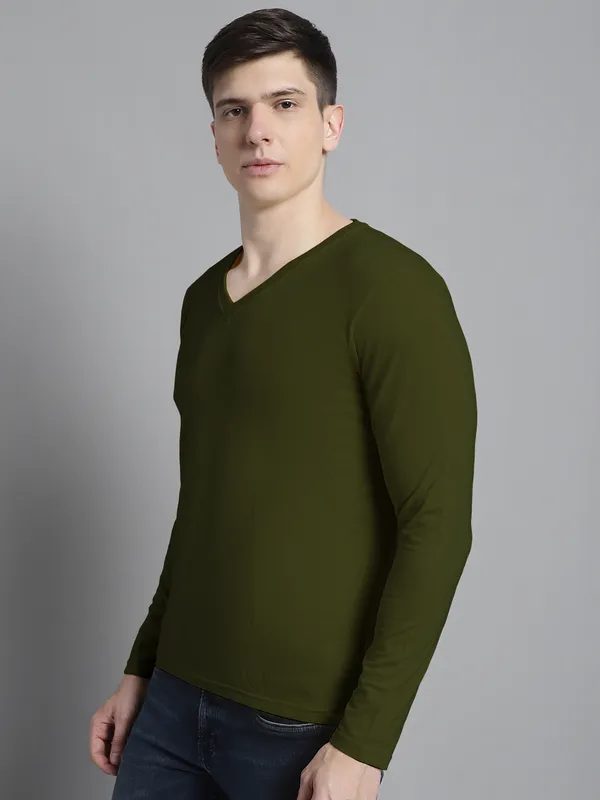 Olive_Green_Cotton_V-Neck_Long_Sleeves_T-Shirt_For_Men