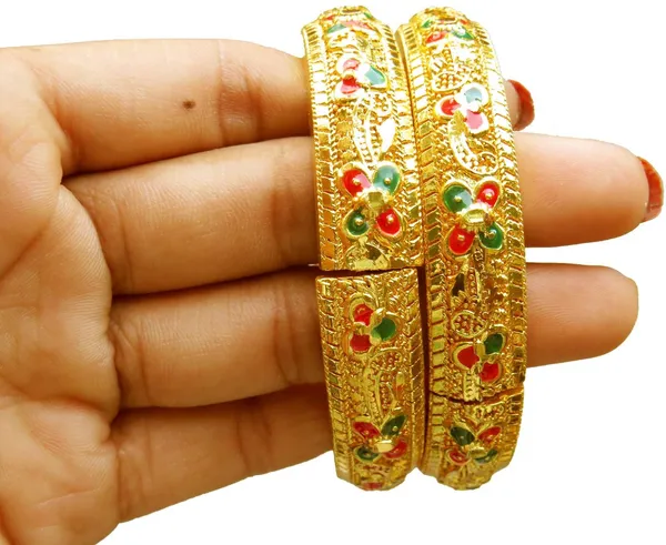 (Pack_Of_2)_Assamese_Traditional_Copper_Gold-Plated_Red_Green_Colour_Bangle_Bracelet_Set